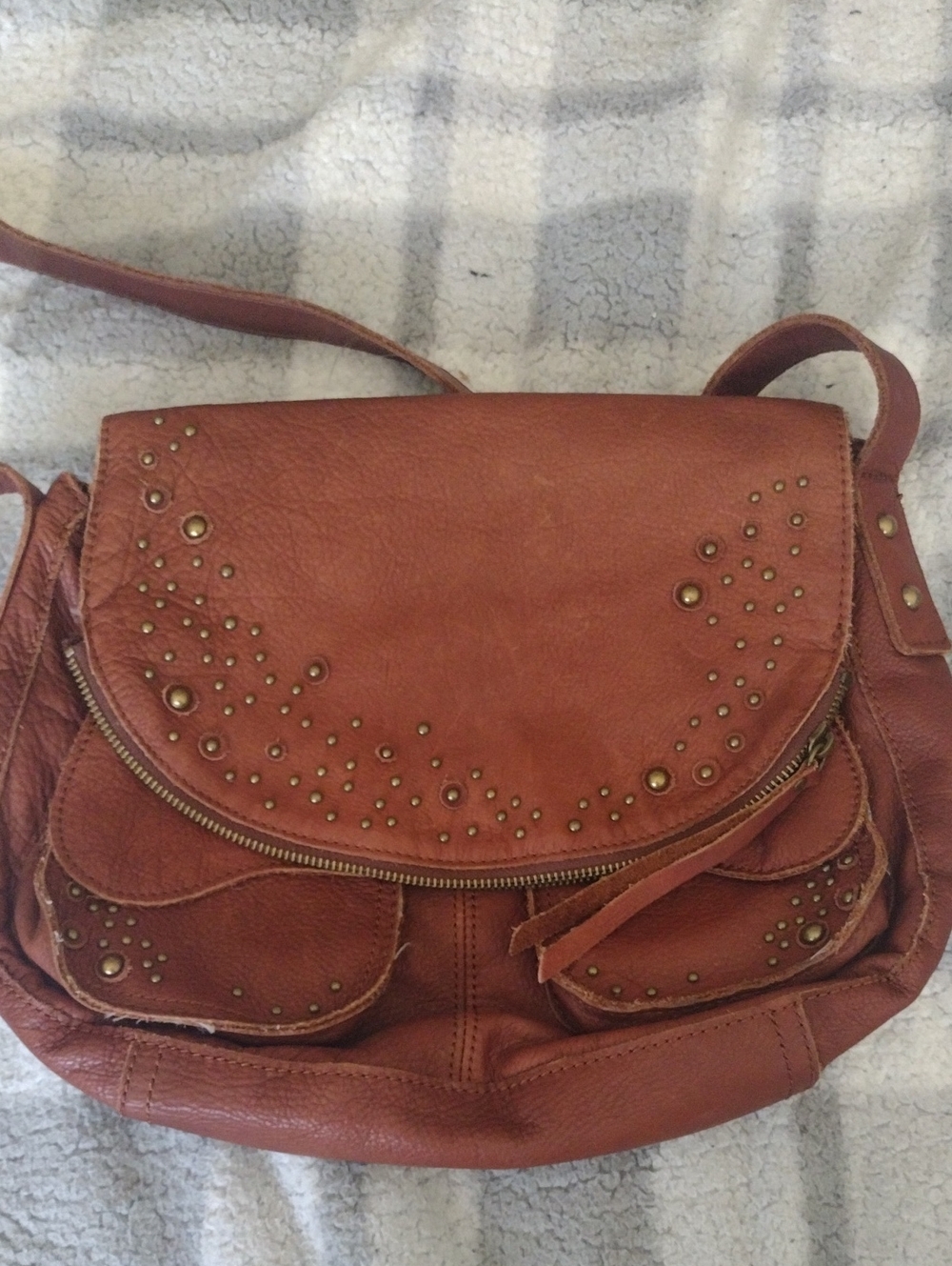 Lucky Brand Distressed Brown Leather Crossbody Bag with Stud Accents